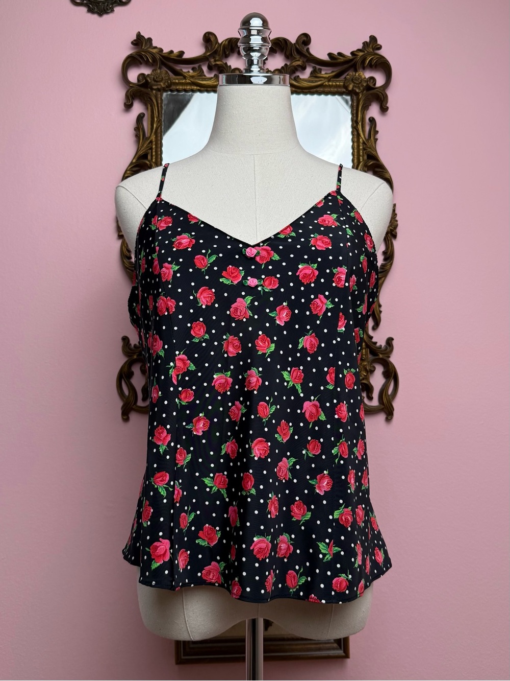 Vintage Black White Floral Pink Rose Camisole Large